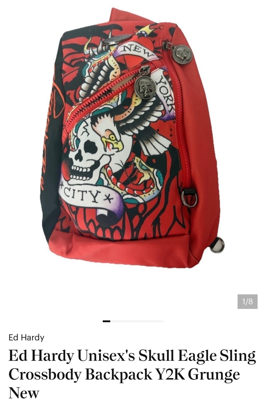 Ed Hardy Unisex Red Skull Eagle Sling Crossbody Backpack